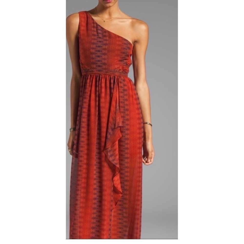 Alice + Olivia Silk One Shoulder Maxi Dress Orange Brown SZ 0